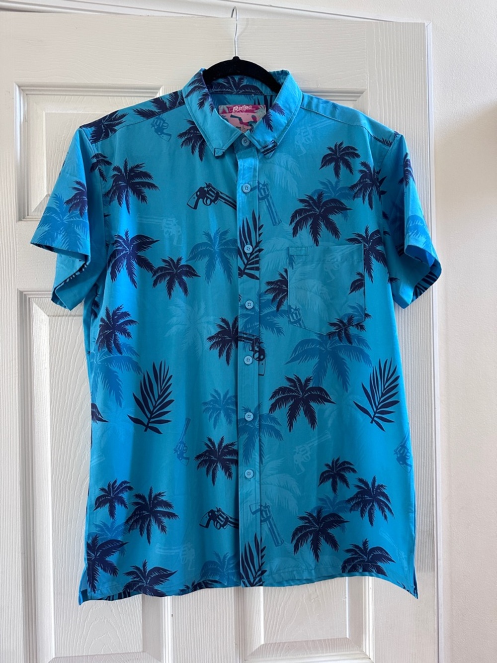Retro Rifle GTA Vice City Shirt Mens L Blue Tropical Gun Print Stretch Button Up
